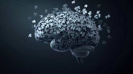 A human brain made of puzzle pieces, with some pieces floating away, representing memory loss and mental disorders. --ar 16:9 --v 6.1 Job ID: 48ee58c3-3b69-41ee-a93d-f811250d8740の素材