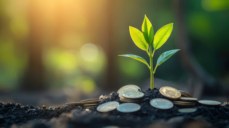 A growing plant sprouting from a pile of coins, symbolizing financial growth and investment. --ar 16:9 --v 6.1 Job ID: 6d152f30-dce8-4c03-b0f7-2abe0344cbb8の素材
