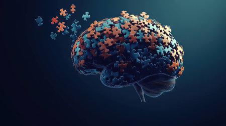 A human brain made of puzzle pieces, with some pieces floating away, representing memory loss and mental disorders. --ar 16:9 --v 6.1 Job ID: 391b80c2-ab63-4b99-933f-ee930fd4a418の素材