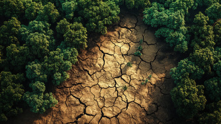 A cracked, dry desert transitioning into a lush green forest in a seamless blend, symbolizing climate change and hope. --ar 16:9 --v 6.1 Job ID: e71c8646-e4e5-4316-94f8-a16c839c57a3の素材