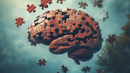 A human brain made of puzzle pieces, with some pieces floating away, representing memory loss and mental disorders. --ar 16:9 --v 6.1 Job ID: 48ee58c3-3b69-41ee-a93d-f811250d8740の素材