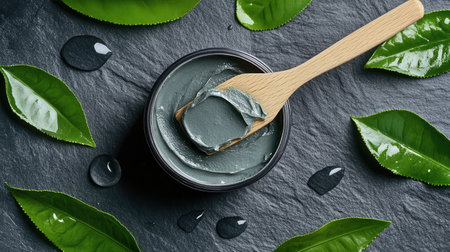 Clay mask container with a wooden spatula, surrounded by green tea leaves and water droplets on a slate background. --ar 16:9 --v 6.1 Job ID: 8f3816ea-7b05-4de6-af33-7a2d4b52761eの素材