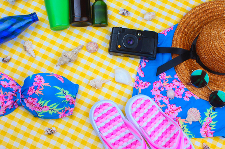 Beach Time Summer Travel Kit featuring sleepers, bikini, radio, sun lotion, lotion, hat & camera