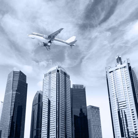 the airplane with the city scene background in Shanghai China