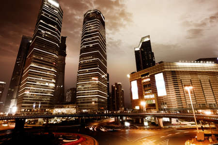 shanghai downtown at night with roundabout light trailsのeditorial素材
