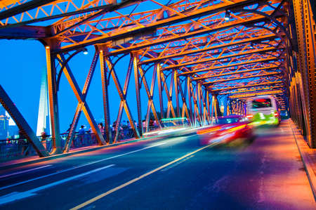 Night traffic lights inside of the Garden Bridge of shanghai china.の写真素材