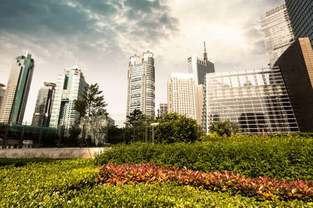 greenbelt park with lujiazui finance and trade zone in shanghaiのeditorial素材