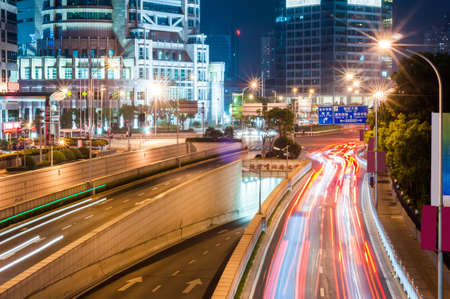 the light trails on the steet in shanghai china.