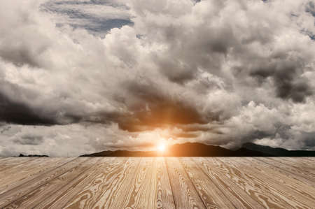 Wooden floor with skyの写真素材