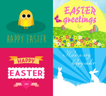 Happy easter cards illustration with easter eggs, easter chick, easter rabbit and font のイラスト素材