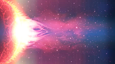 An outer space background with a burning planet and stars.の写真素材