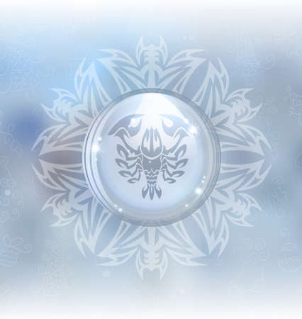 A vector illustration of a transparent snow globe in a snowflake frame on the blurred background with a zodiac sign Cancer. Includes transparent objects and opacity masks.のイラスト素材