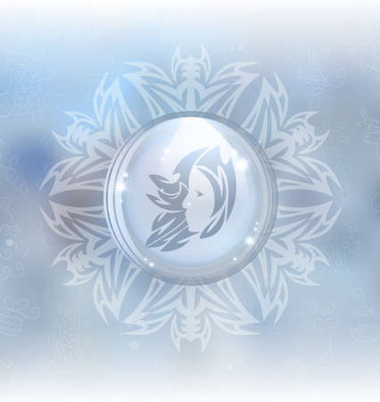 A vector illustration of a transparent snow globe in a snowflake frame on the blurred background with a zodiac sign Virgo. Includes transparent objects and opacity masks.のイラスト素材