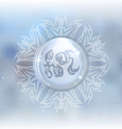 A vector illustration of a transparent snow globe in a snowflake frame on the blurred background with a zodiac sign Pisces. Includes transparent objects and opacity masks.のイラスト素材