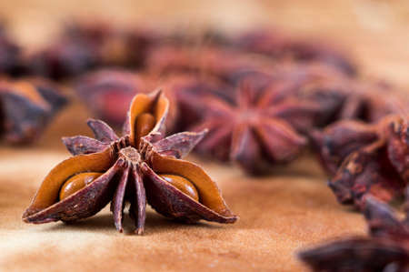 A retro looking star anise background in brown tones.の写真素材