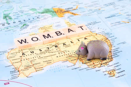 MAGNITOGORSK, RUSSIA - JUNE 09, 2017: A concept photo with a toy wombat and letters on the map.のeditorial素材