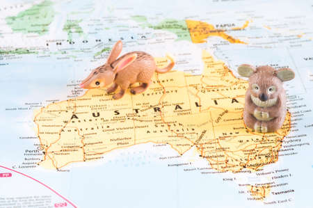 MAGNITOGORSK, RUSSIA - JUNE 09, 2017: A photo of the toy Australian animals on the map.のeditorial素材