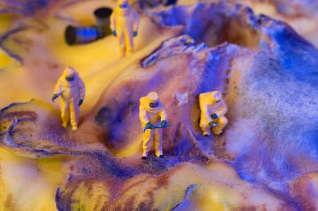 The ecologists or technicians or cleaners on an organic surface with fungus, which looks like a surface of another world or a planet with a crater. Environment pollution concept. Selective focus.の写真素材