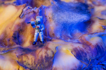 A toy astronaut on an organic surface with fungus, which looks like a surface of another world or a planet with a crater. Selective focus.の写真素材