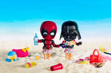 MAGNITOGORSK, RUSSIA - August 26, 2019: Darth Vader and Deadpool movie figurines on vacantion, which...