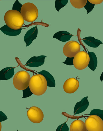 Vector illustration of plums fruit with green leaves.