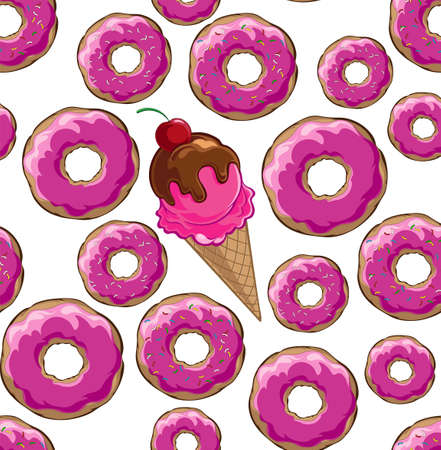 Pink ice cream cone and donuts, vector illustration.のイラスト素材