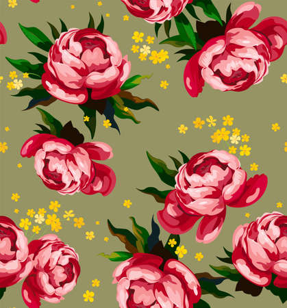 Vector illustration of a seamless pattern of pink flowers. Peonies for fusion design of bed linen, fabrics, wallpaper for interior.のイラスト素材