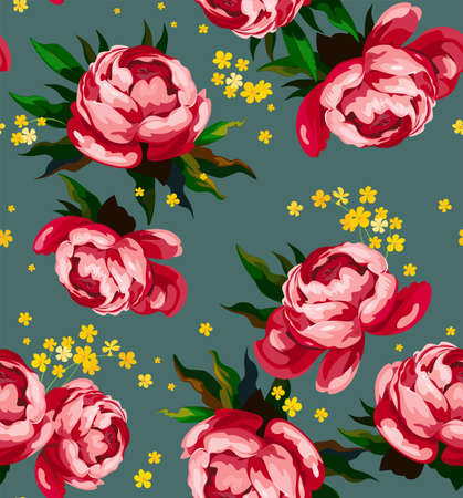Vector illustration of a seamless pattern of pink flowers. Peonies for fusion design of bed linen, fabrics, wallpaper for interior.のイラスト素材