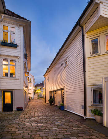 Wooden houses in Bergen at night, Norwayのeditorial素材