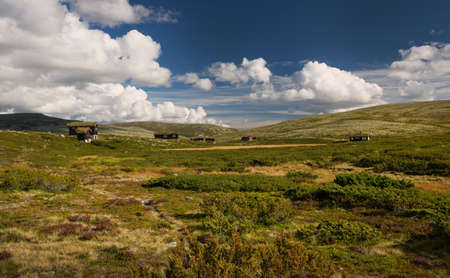 Huts in landscape of Norwayの写真素材