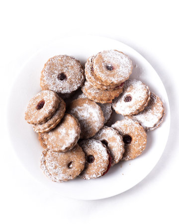 Top view Classic Linzer Cookies on a white backgroundの写真素材