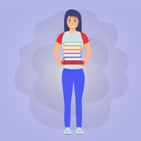 Standing woman holding books, can be used for business designs, presentation designs or any suitable designs.のイラスト素材