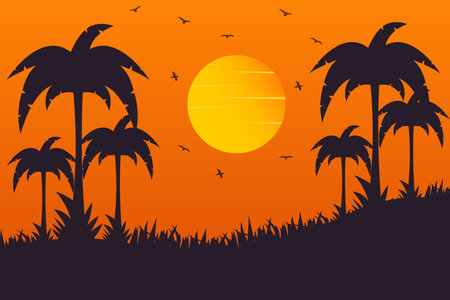 Sunset Background With Palm Trees, can be used for business designs, presentation designs or any suitable designs.のイラスト素材