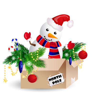 snowman in a card board with a christmas treeのイラスト素材