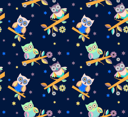Cute owl vector seamless pattern on a blue backgroundのイラスト素材