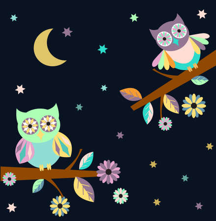 EPS 10: Dark shadow silhouette of an owl with yellow eyes, perched on branch on a night with full moon, perfect for halloween.のイラスト素材