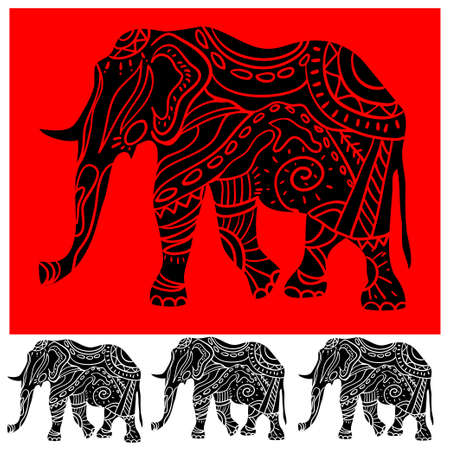 Plack eliphant with ornament on a red backgroundのイラスト素材