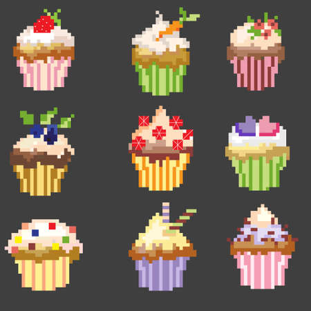 Pixel art cupkakes on a gray backgrowndのイラスト素材