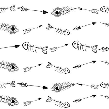 seamless feather arrows fish bones patterns hand drawn on whiteのイラスト素材