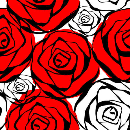 Seamless pattern with roses contours red black and white Vector illustrationのイラスト素材