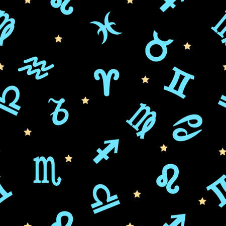 Zodiac seamless pattern in blue on black backgroundのイラスト素材