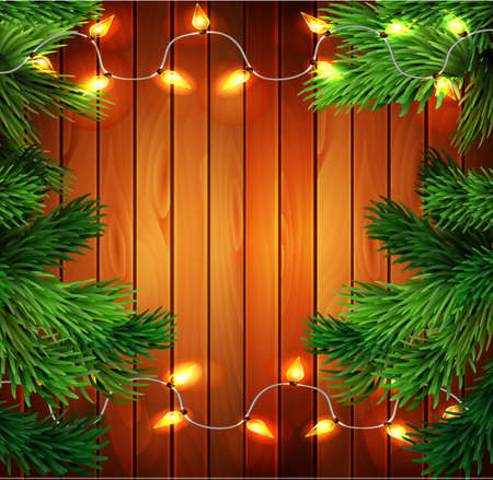 Christmas  New Year design wooden background with christmas lights garland. Vector illustration, eps10.のイラスト素材