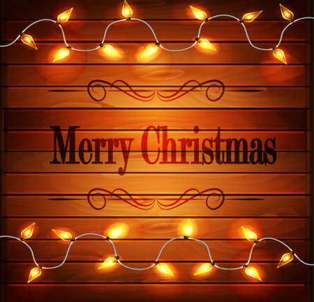 Christmas  New Year design wooden background with christmas lights garland. Vector illustration, eps10.のイラスト素材