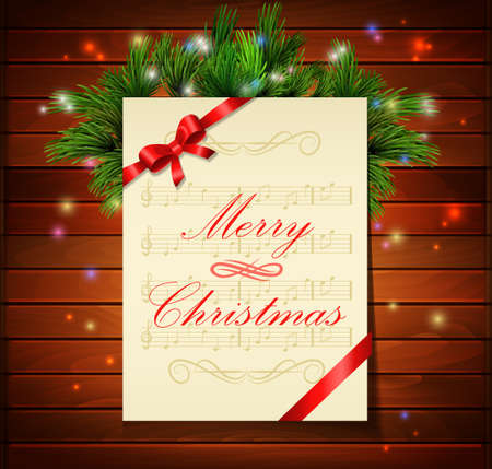 Christmas background with music paper ribbon and lights on a wood wallのイラスト素材