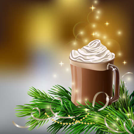 Christmas  New Year design wooden background with hot chocolate and christmas treeのイラスト素材