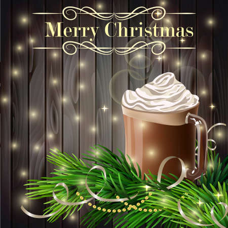 Christmas  New Year design wooden background with hot chocolate and christmas treeのイラスト素材