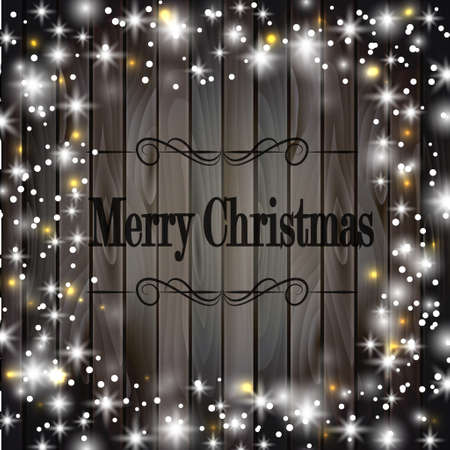 Christmas frame on wooden background with snow and lightsのイラスト素材