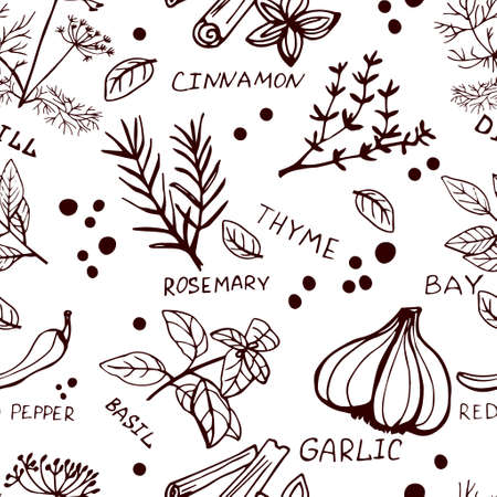 Seamless vintage pattern with ink hand drawn  herbs and plants sketch on whiteのイラスト素材