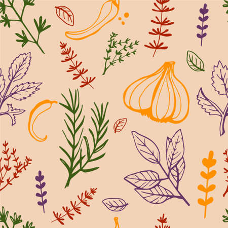 Seamless vintage pattern with ink hand drawn  herbs and plants sketchのイラスト素材