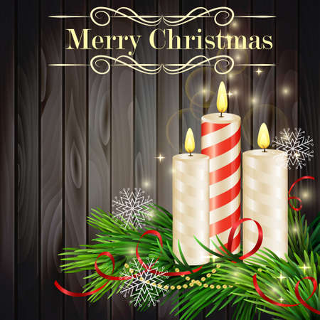 Christmas background with burning candles and Christmas tree on grey woodのイラスト素材